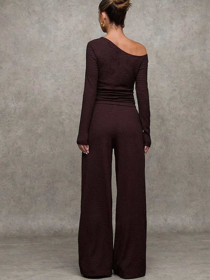AMELIA | BROWN OFF SHOULDER KNIT TOP AND WIDE LEG PANTS SET