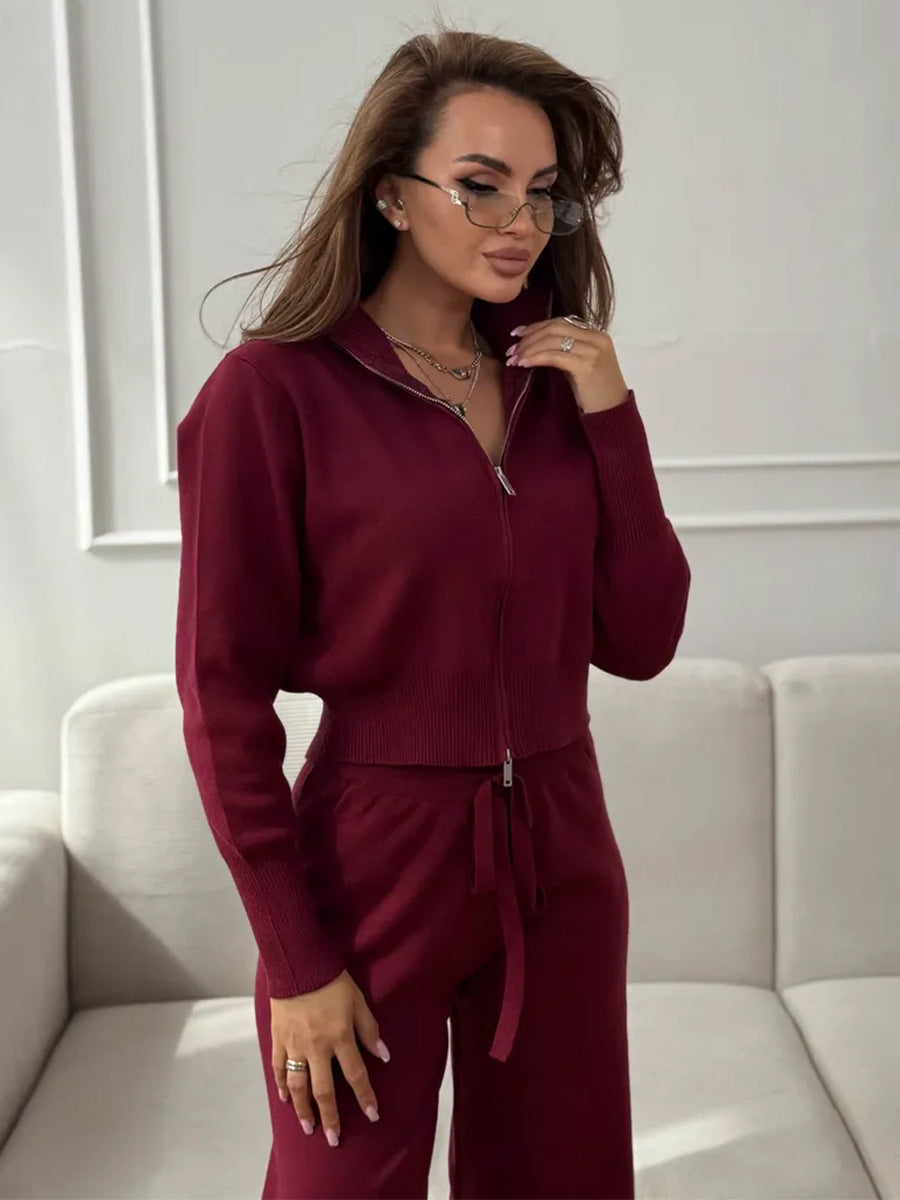 ISLA | KNIT 2 PIECE SET – DRAWSTRING WIDE LEG PANTS WITH ZIP JACKET TOP