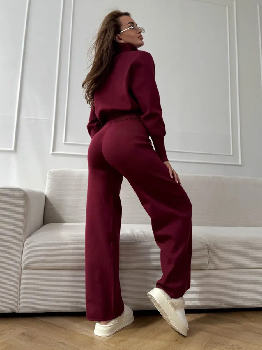 ISLA | KNIT 2 PIECE SET – DRAWSTRING WIDE LEG PANTS WITH ZIP JACKET TOP