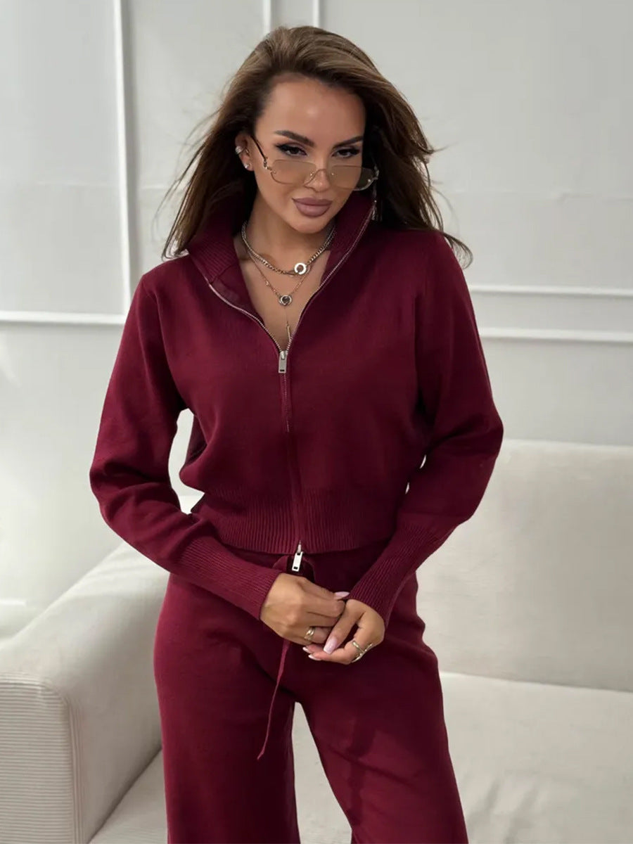 ISLA | KNIT 2 PIECE SET – DRAWSTRING WIDE LEG PANTS WITH ZIP JACKET TOP