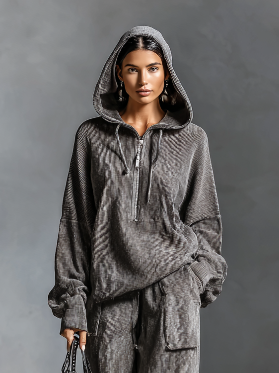 EVELYN | WOMEN'S CASUAL CORDUROY HOODED SWEATSHIRT STRAIGHT PANTS SET