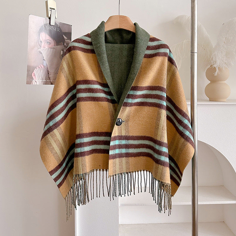 ROMILLY | CAMEL CHECKED TASSEL CAPE