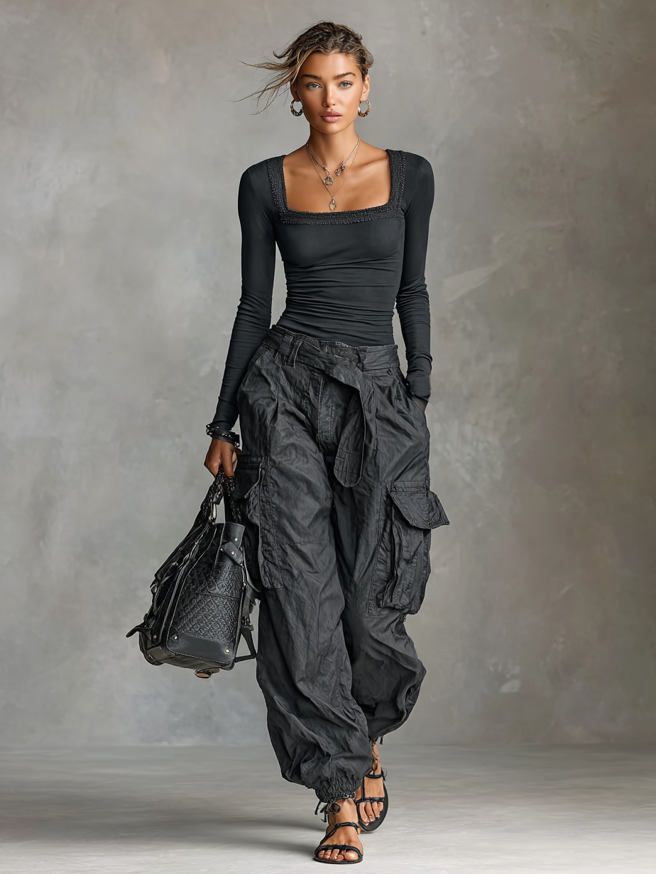 SOPHIE | SQUARE NECK LONG SLEEVE T-SHIRT CARGO PANTS TWO-PIECE SET