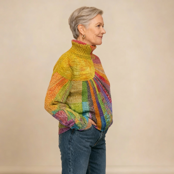 MARA | COLORFUL SUN COLLAGE PRINT KNIT TURTLENECK PULLOVER SWEATER
