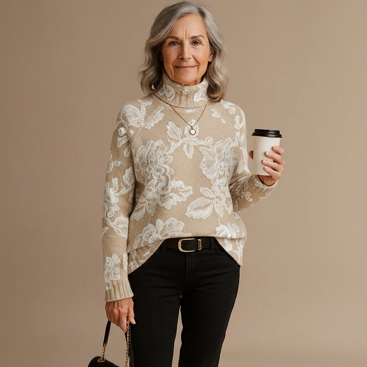 BELLA | TIMELESS VINTAGE FLORAL KNIT TURTLENECK SWEATER