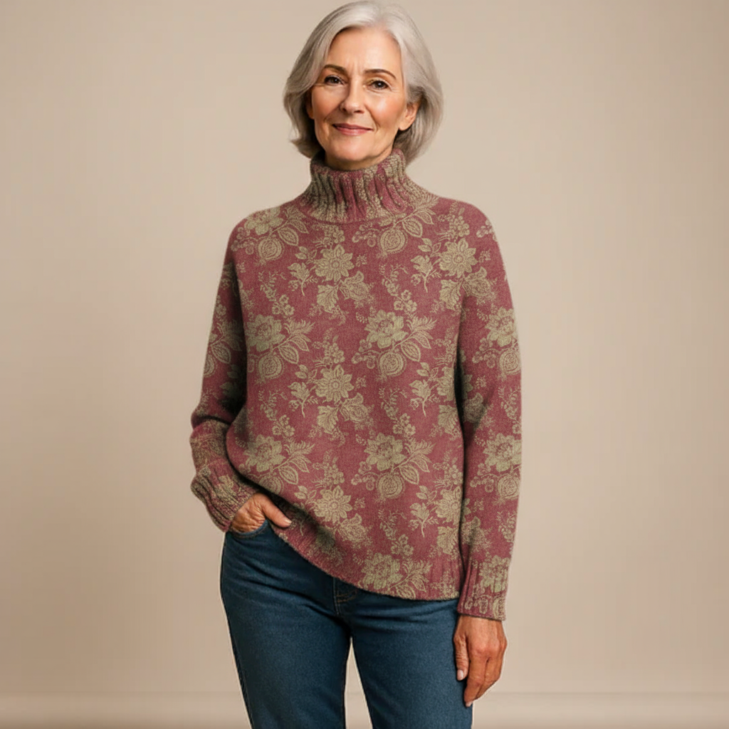 HARRIET | RETRO ROSE PRINT KNIT TURTLENECK SWEATER