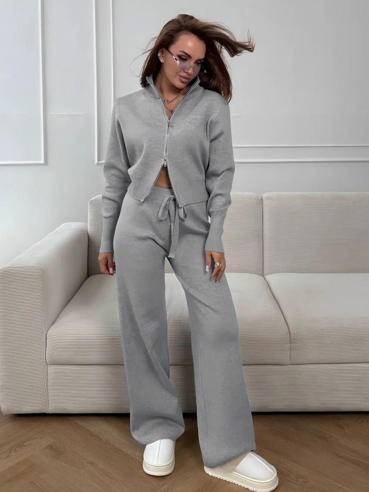ISLA | KNIT 2 PIECE SET – DRAWSTRING WIDE LEG PANTS WITH ZIP JACKET TOP