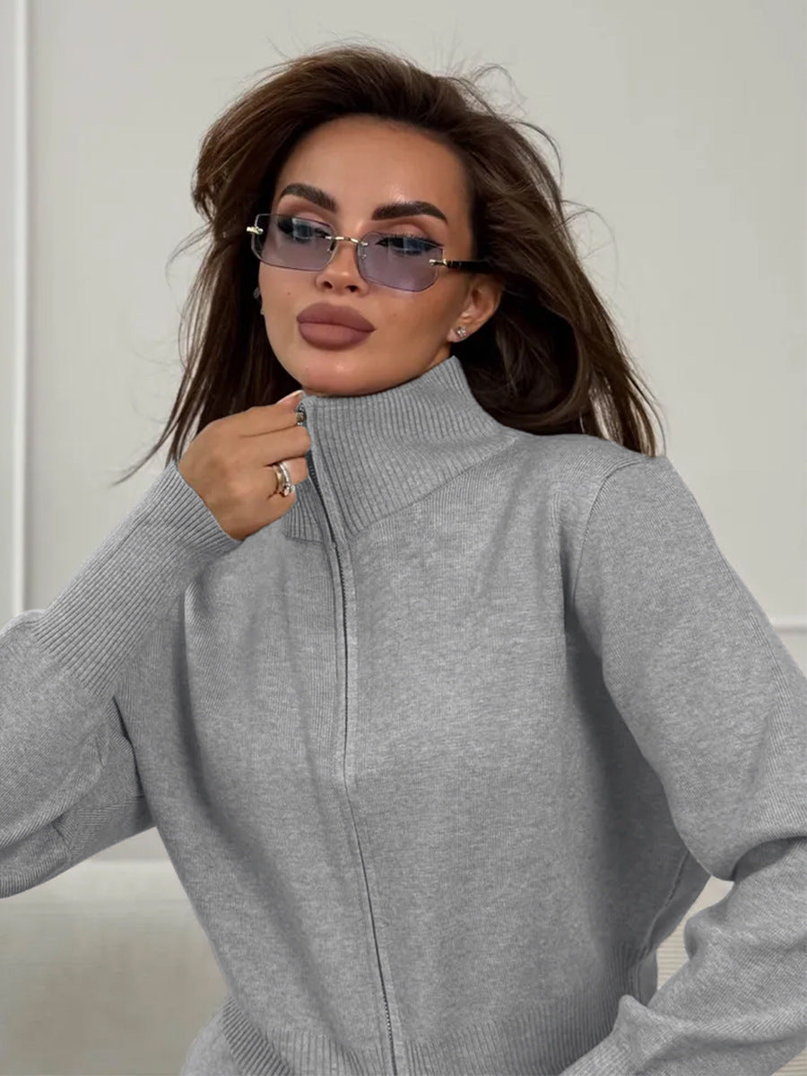 ISLA | KNIT 2 PIECE SET – DRAWSTRING WIDE LEG PANTS WITH ZIP JACKET TOP