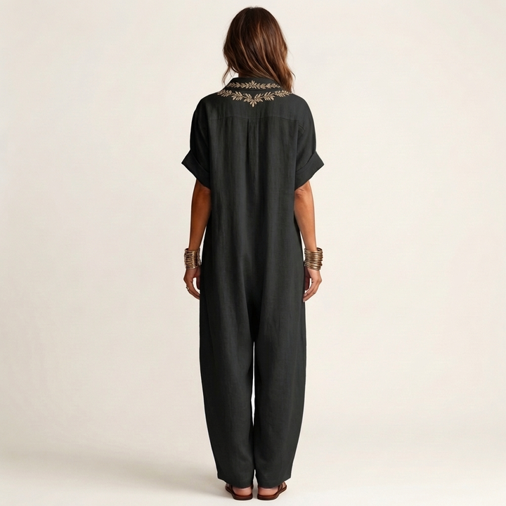 PETRA | EMBROIDERED V-NECK COLLAR LINEN MAXI DRESS