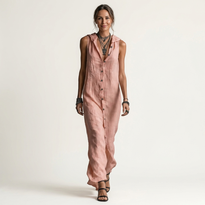 VALENTINA | HOODED BUTTON-FRONT SLEEVELESS MAXI DRESS
