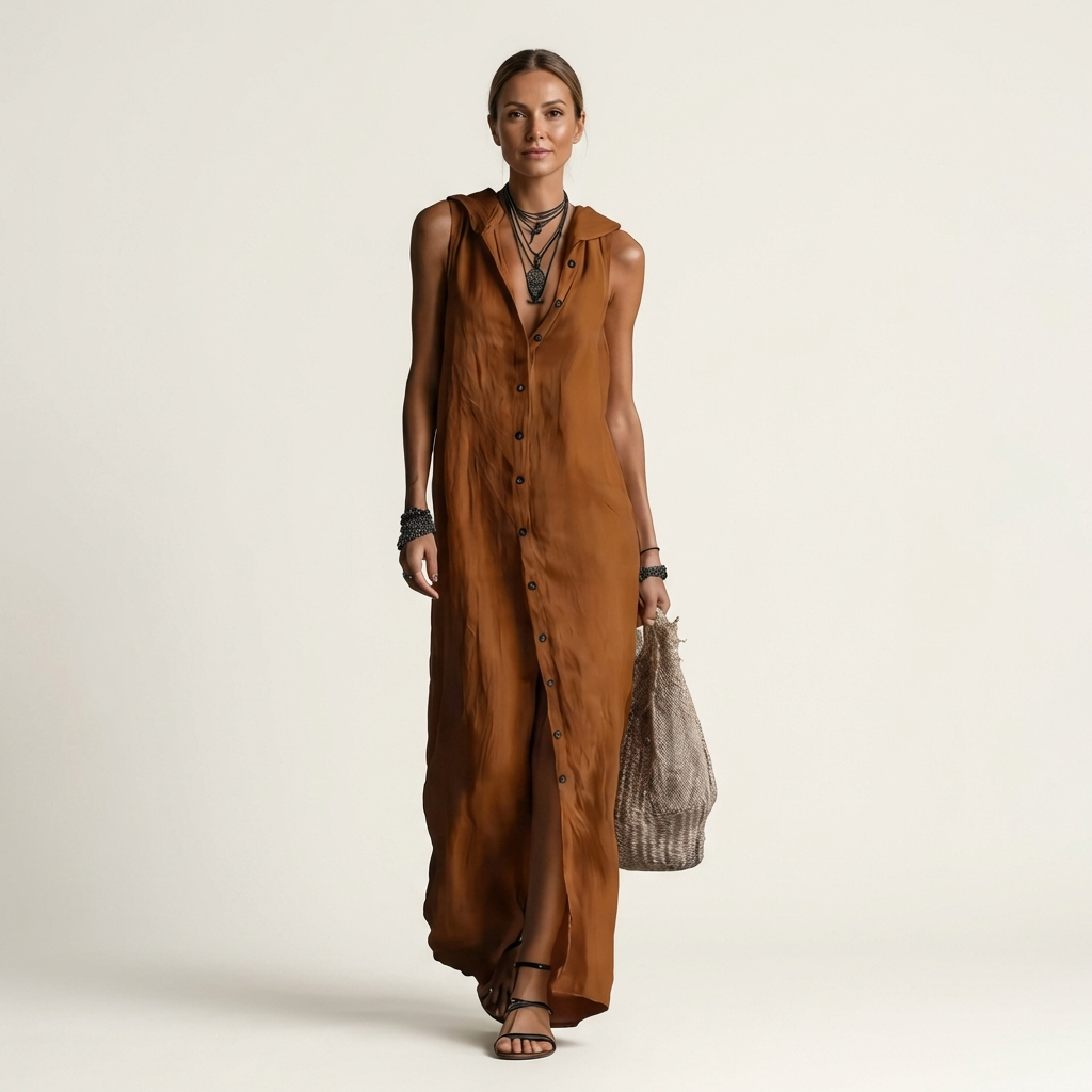 VALENTINA | HOODED BUTTON-FRONT SLEEVELESS MAXI DRESS