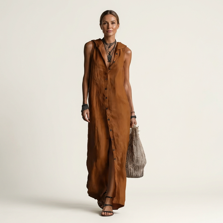 VALENTINA | HOODED BUTTON-FRONT SLEEVELESS MAXI DRESS