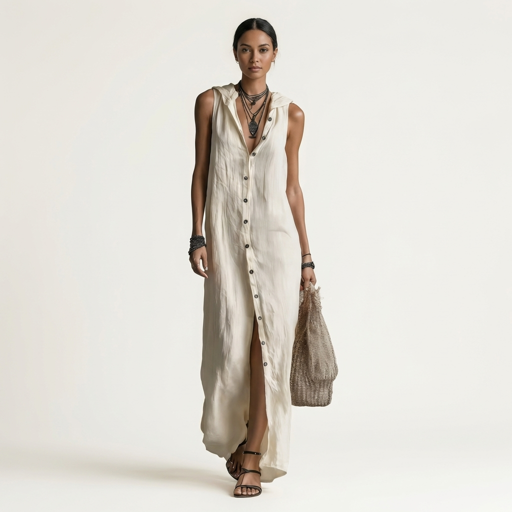 VALENTINA | HOODED BUTTON-FRONT SLEEVELESS MAXI DRESS