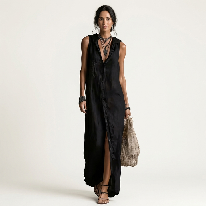 VALENTINA | HOODED BUTTON-FRONT SLEEVELESS MAXI DRESS
