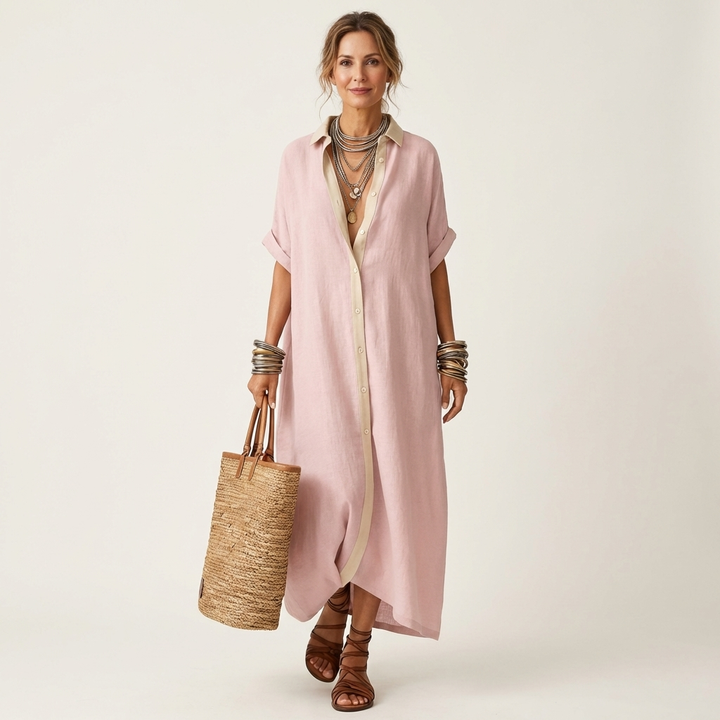 ISOLDE | CONTRAST-COLLAR BUTTON-FRONT SHORT-SLEEVE MAXI SHIRT DRESS