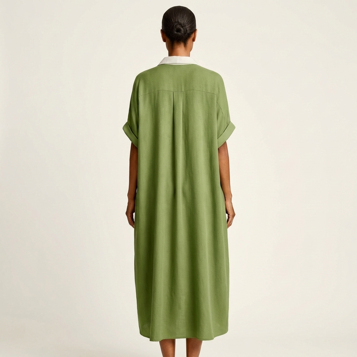 ISOLDE | CONTRAST-COLLAR BUTTON-FRONT SHORT-SLEEVE MAXI SHIRT DRESS