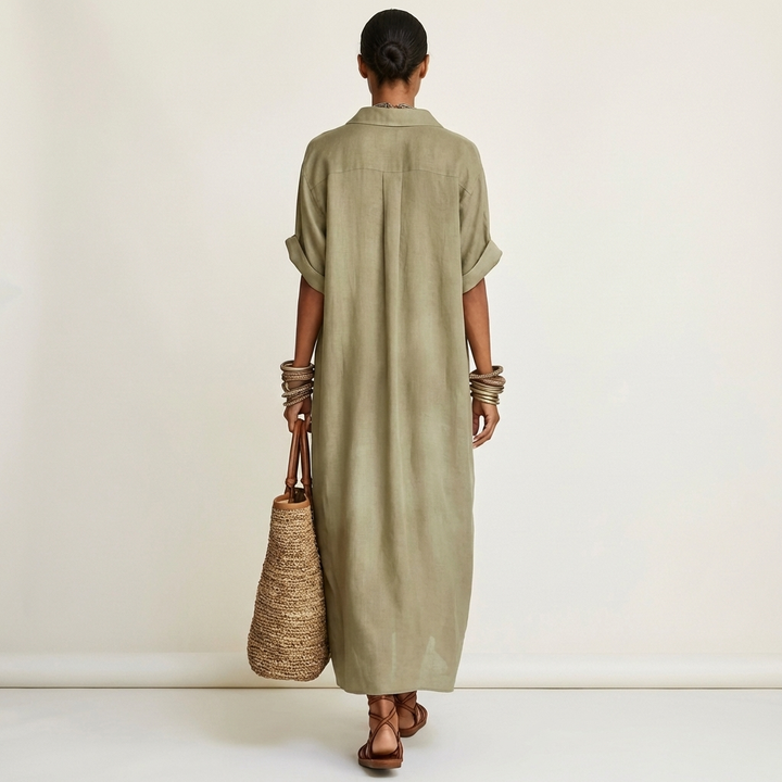 ISOLDE | CONTRAST-COLLAR BUTTON-FRONT SHORT-SLEEVE MAXI SHIRT DRESS
