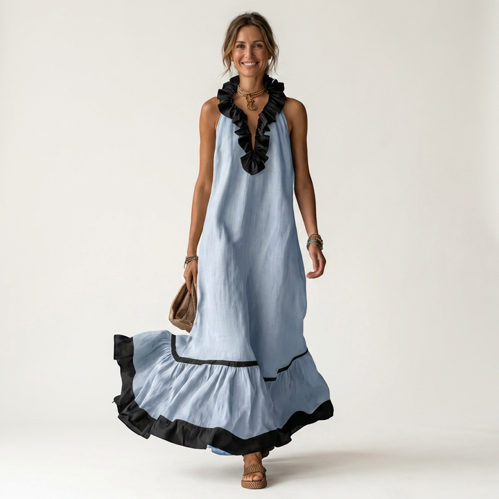 SERAPHINA | SLEEVELESS RUFFLE-NECK CONTRAST-TRIM MAXI DRESS