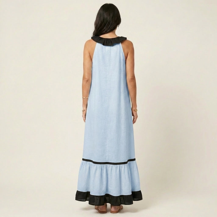 SERAPHINA | SLEEVELESS RUFFLE-NECK CONTRAST-TRIM MAXI DRESS