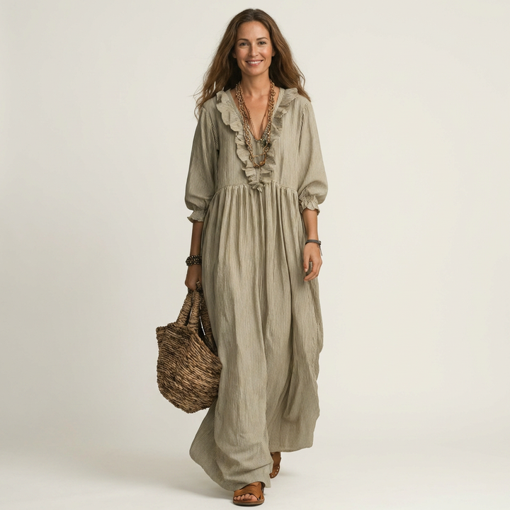 PALOMA | RUFFLE V-NECK STRIPED LANTERN-SLEEVE MAXI DRESS