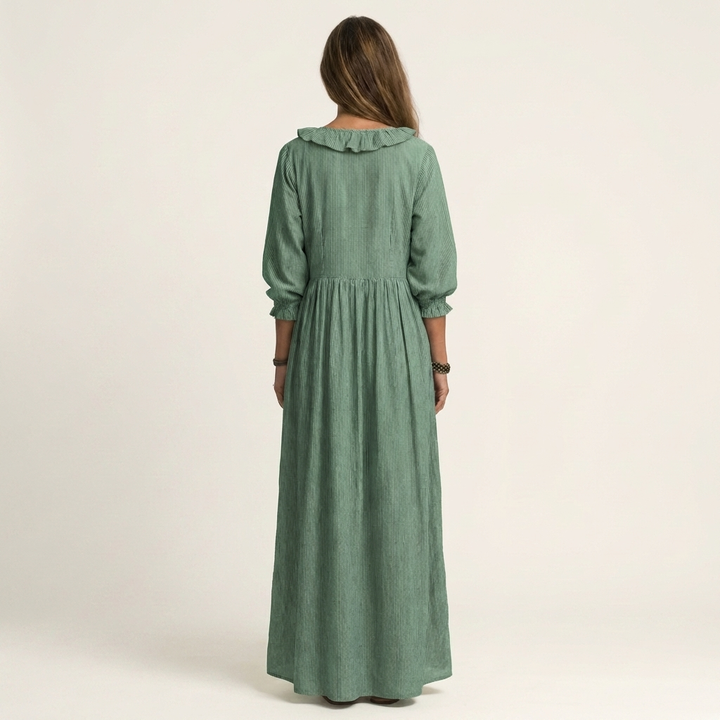 PALOMA | RUFFLE V-NECK STRIPED LANTERN-SLEEVE MAXI DRESS