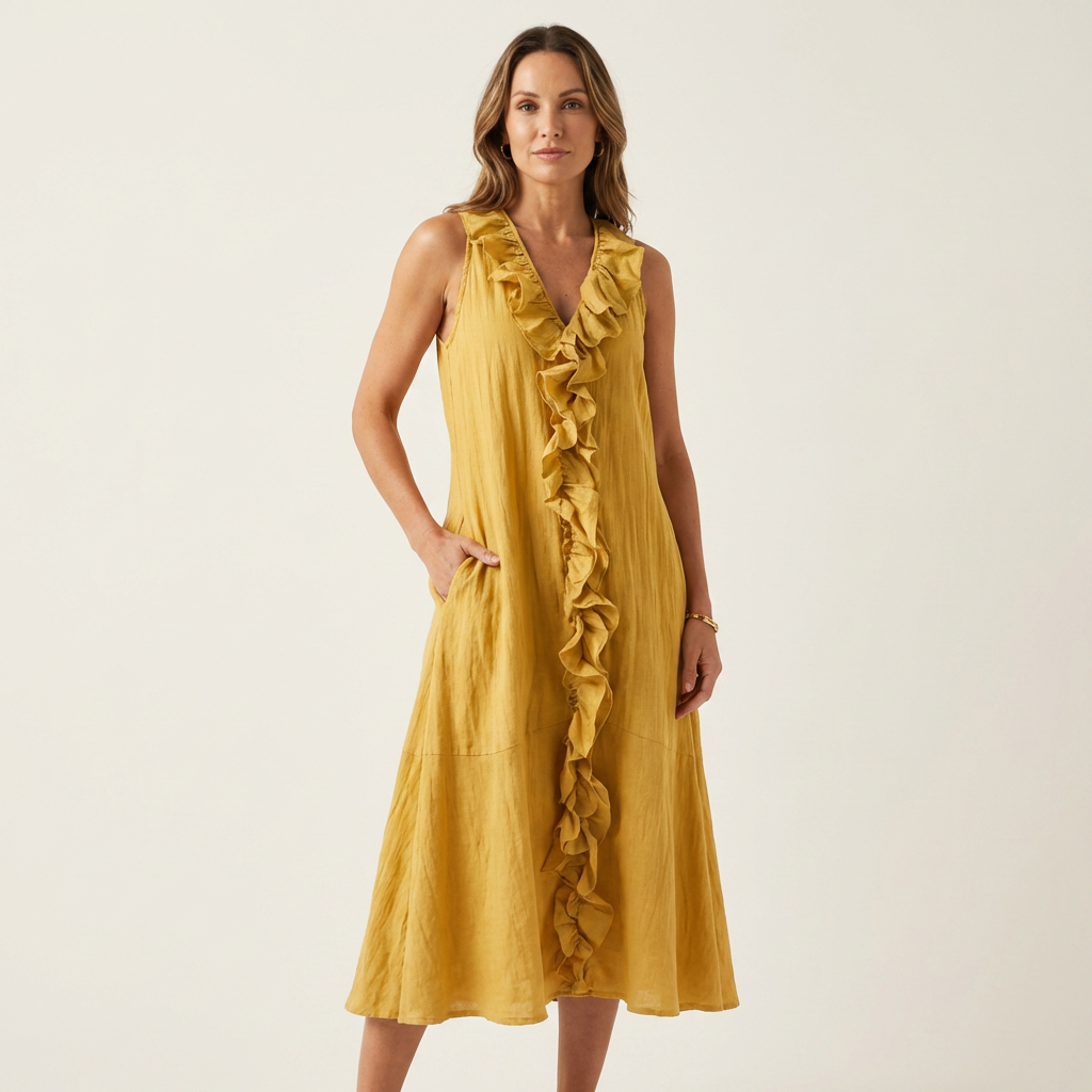 VIOLETTE | RUFFLE-FRONT V-NECK SLEEVELESS MAXI DRESS
