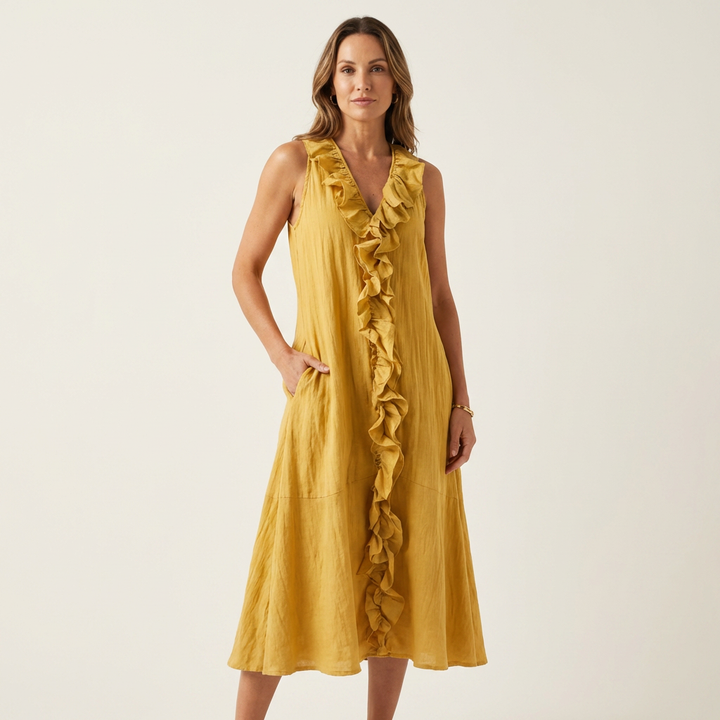 VIOLETTE | RUFFLE-FRONT V-NECK SLEEVELESS MAXI DRESS