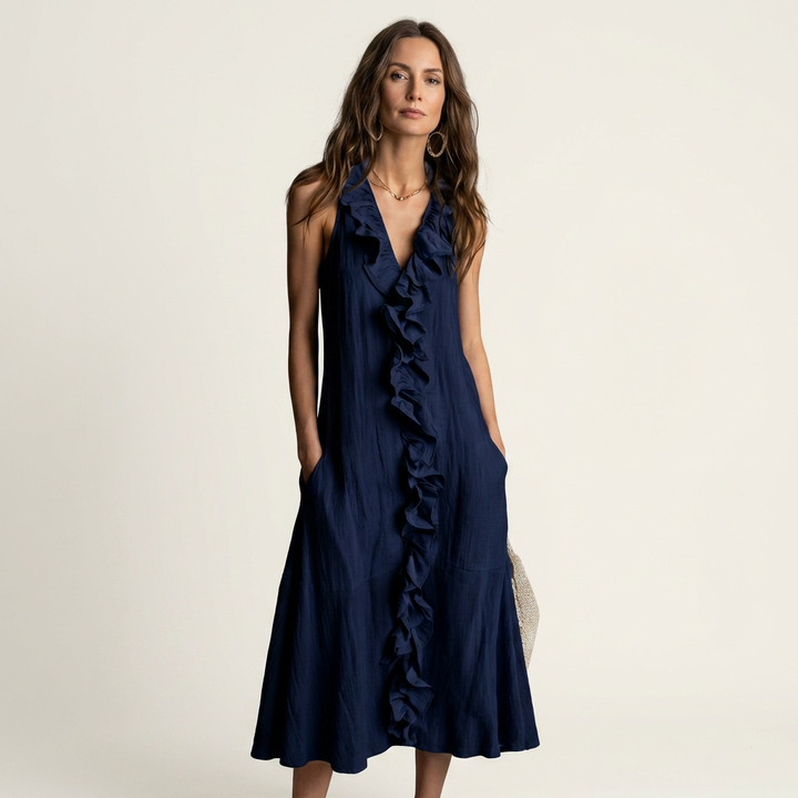 VIOLETTE | RUFFLE-FRONT V-NECK SLEEVELESS MAXI DRESS