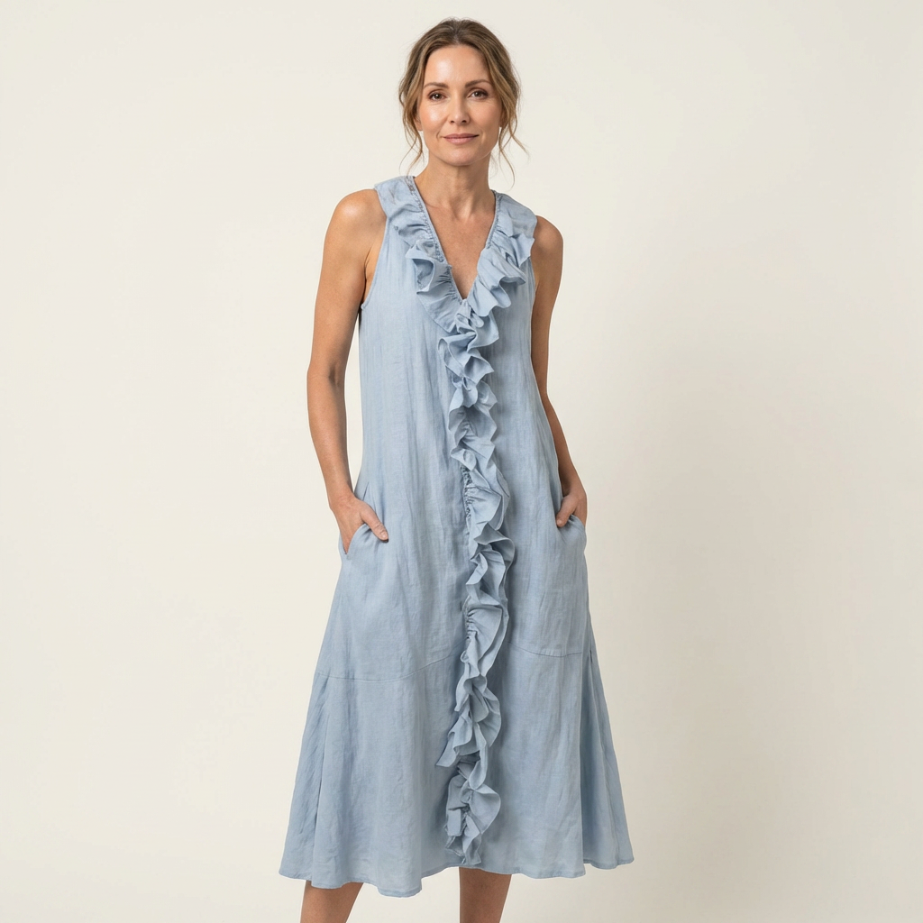 VIOLETTE | RUFFLE-FRONT V-NECK SLEEVELESS MAXI DRESS