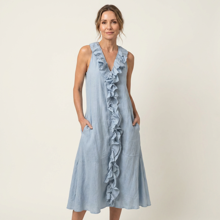 VIOLETTE | RUFFLE-FRONT V-NECK SLEEVELESS MAXI DRESS