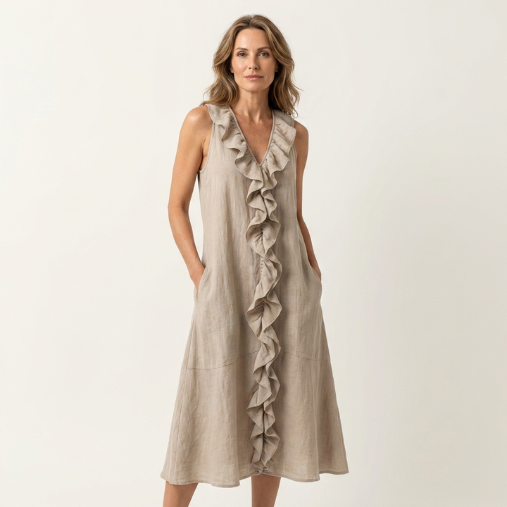 VIOLETTE | RUFFLE-FRONT V-NECK SLEEVELESS MAXI DRESS