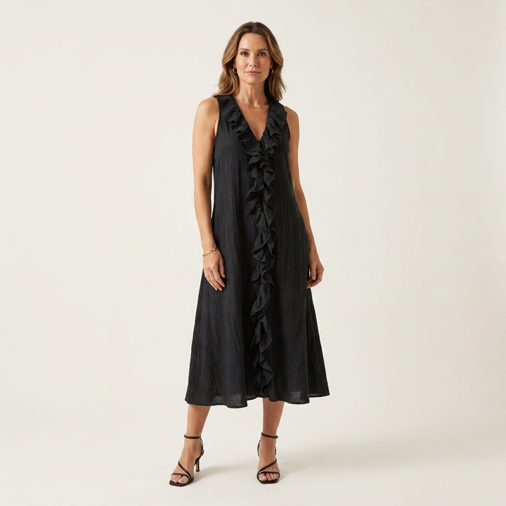 VIOLETTE | RUFFLE-FRONT V-NECK SLEEVELESS MAXI DRESS
