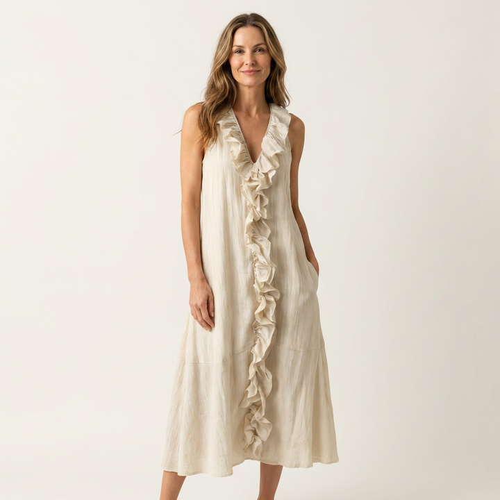 VIOLETTE | RUFFLE-FRONT V-NECK SLEEVELESS MAXI DRESS