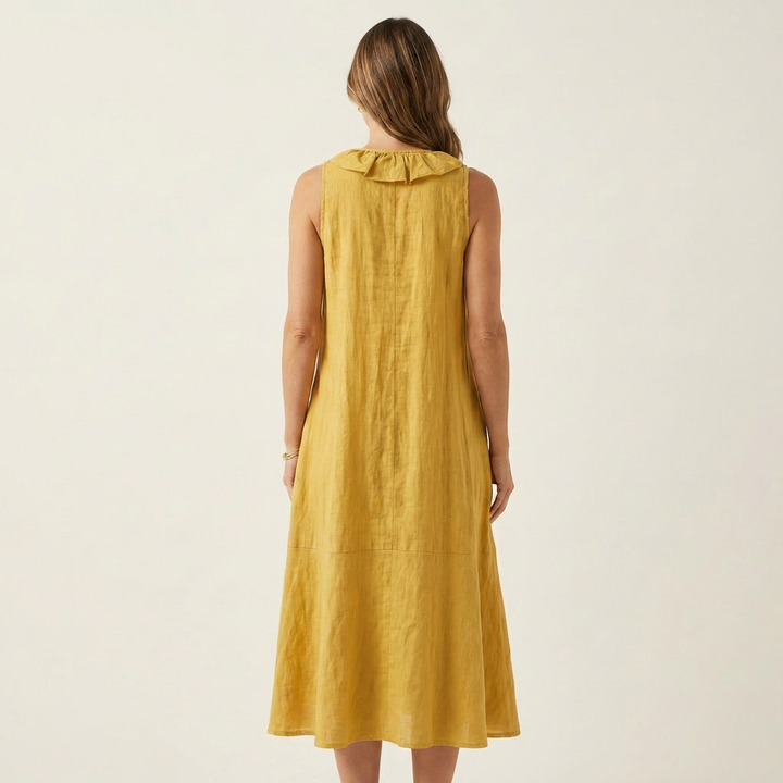 VIOLETTE | RUFFLE-FRONT V-NECK SLEEVELESS MAXI DRESS
