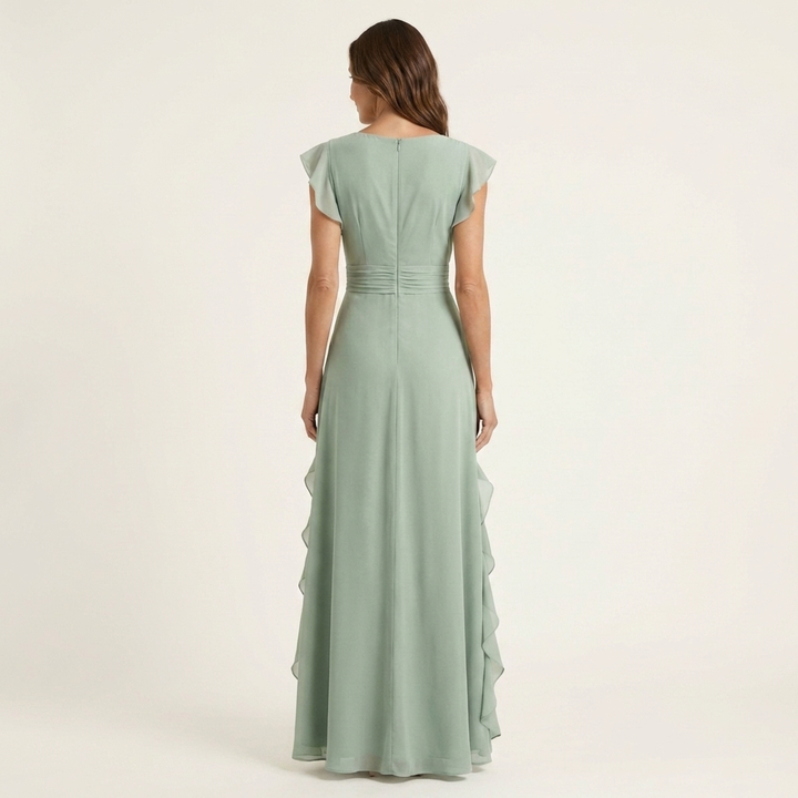 CELESTE | WRAP-STYLE V-NECK FLUTTER-SLEEVE CASCADING RUFFLE MAXI DRESS