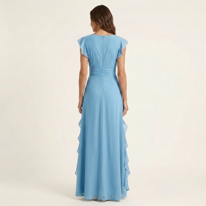 CELESTE | WRAP-STYLE V-NECK FLUTTER-SLEEVE CASCADING RUFFLE MAXI DRESS
