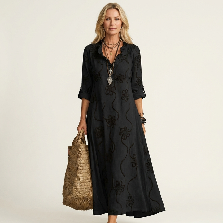 ODALYS | MAXI DRESS WITH TONAL FLORAL EMBROIDERY