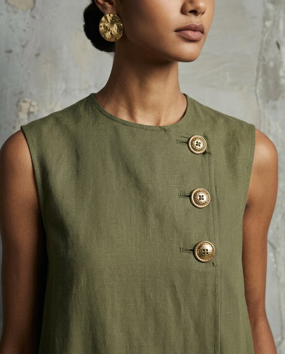 SÉRAPHINE | ASYMMETRIC BUTTON SLEEVELESS DRESS
