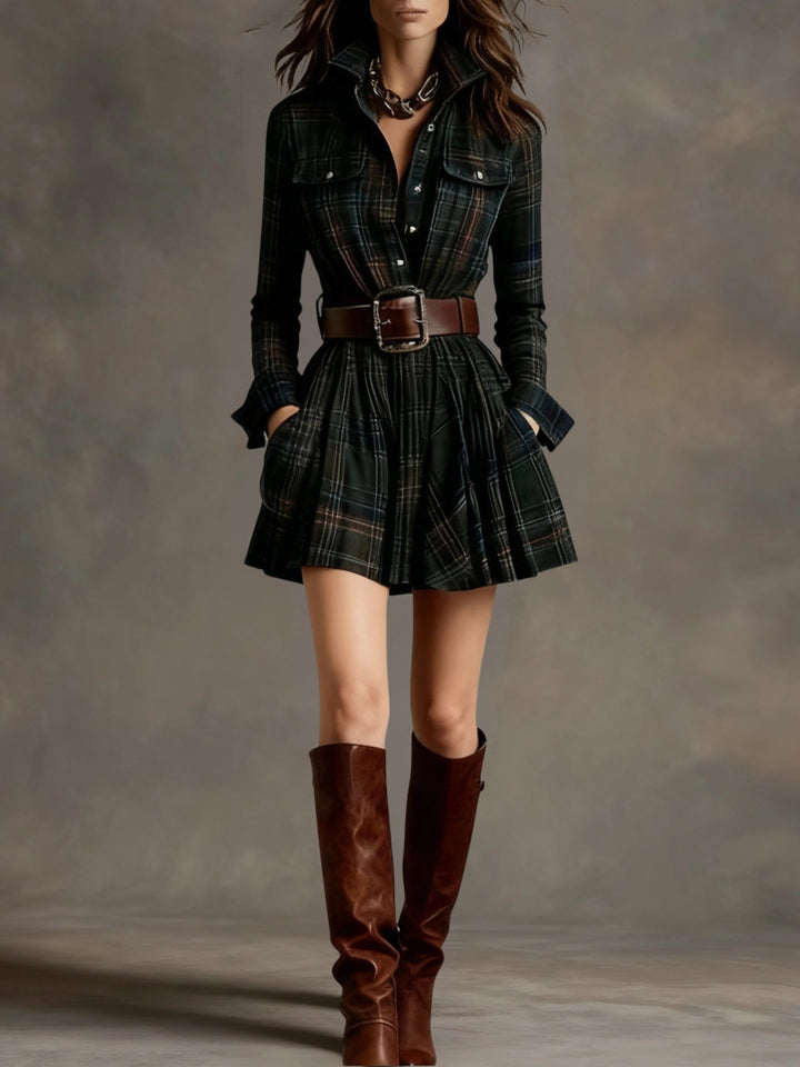 ELISE | VINTAGE SHORT DRESS WITH RED & BROWN CHECKS AND LAPEL (INCLUDES BELT)