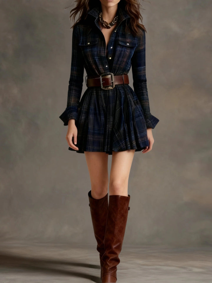 ELISE | VINTAGE SHORT DRESS WITH RED & BROWN CHECKS AND LAPEL (INCLUDES BELT)