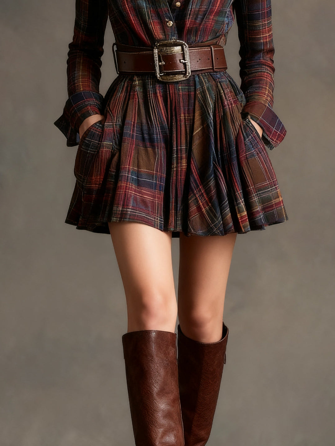 ELISE | VINTAGE SHORT DRESS WITH RED & BROWN CHECKS AND LAPEL (INCLUDES BELT)