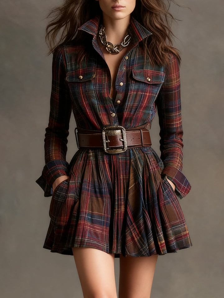 ELISE | VINTAGE SHORT DRESS WITH RED & BROWN CHECKS AND LAPEL (INCLUDES BELT)