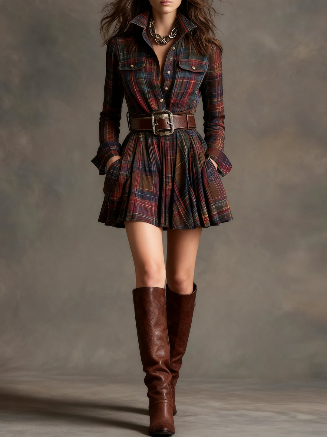 ELISE | VINTAGE SHORT DRESS WITH RED & BROWN CHECKS AND LAPEL (INCLUDES BELT)