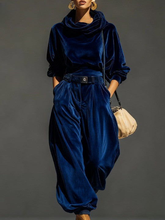 FREYA | VINTAGE BROWN VELVET HOODIE AND LOOSE FITTING TROUSERS SET