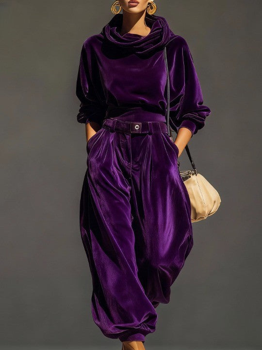 FREYA | VINTAGE BROWN VELVET HOODIE AND LOOSE FITTING TROUSERS SET