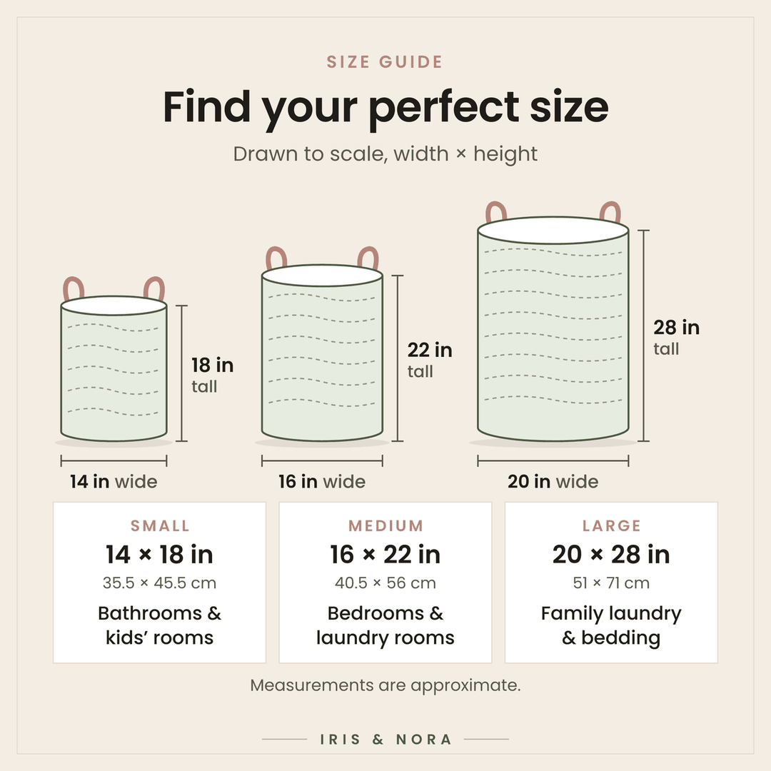 Size guide – Small 14 × 18 in, Medium 16 × 22 in, Large 20 × 28 in