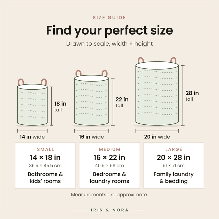 Size guide – Small 14 × 18 in, Medium 16 × 22 in, Large 20 × 28 in