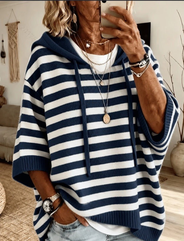 MARJORIE | NAVY STRIPE HOOD PONCHO SWEATER