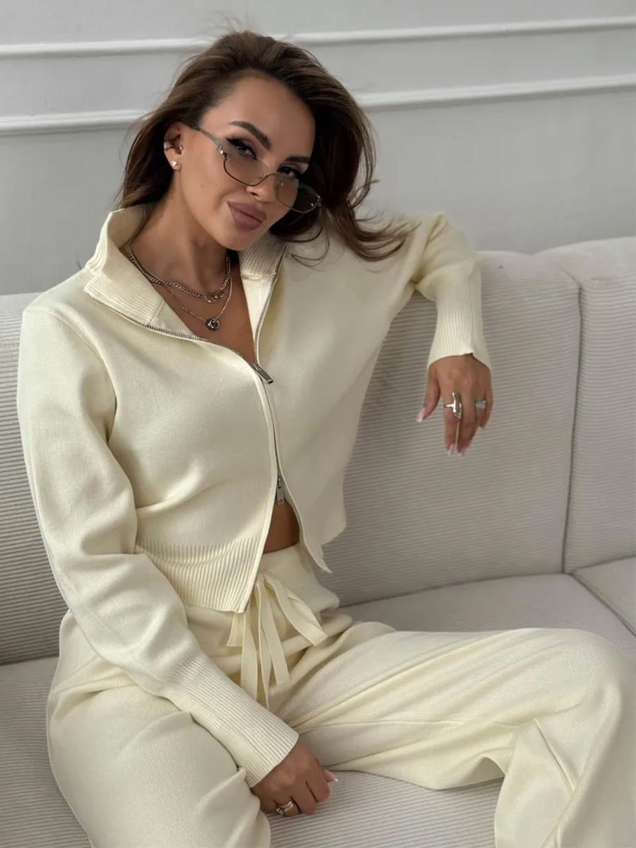 ISLA | KNIT 2 PIECE SET – DRAWSTRING WIDE LEG PANTS WITH ZIP JACKET TOP