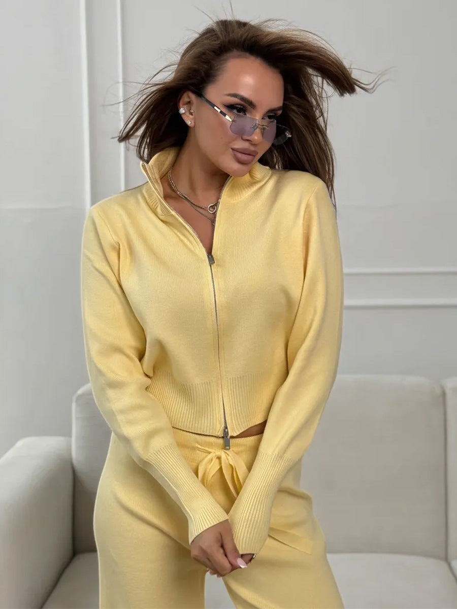 ISLA | KNIT 2 PIECE SET – DRAWSTRING WIDE LEG PANTS WITH ZIP JACKET TOP